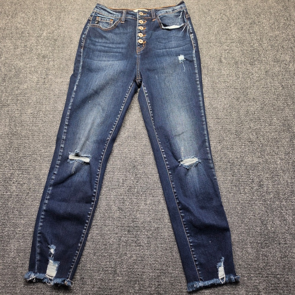 KanCan High Rise Button Fly Skinny Jeans Womens 5 26 Dark Wash Distressed Raw He
